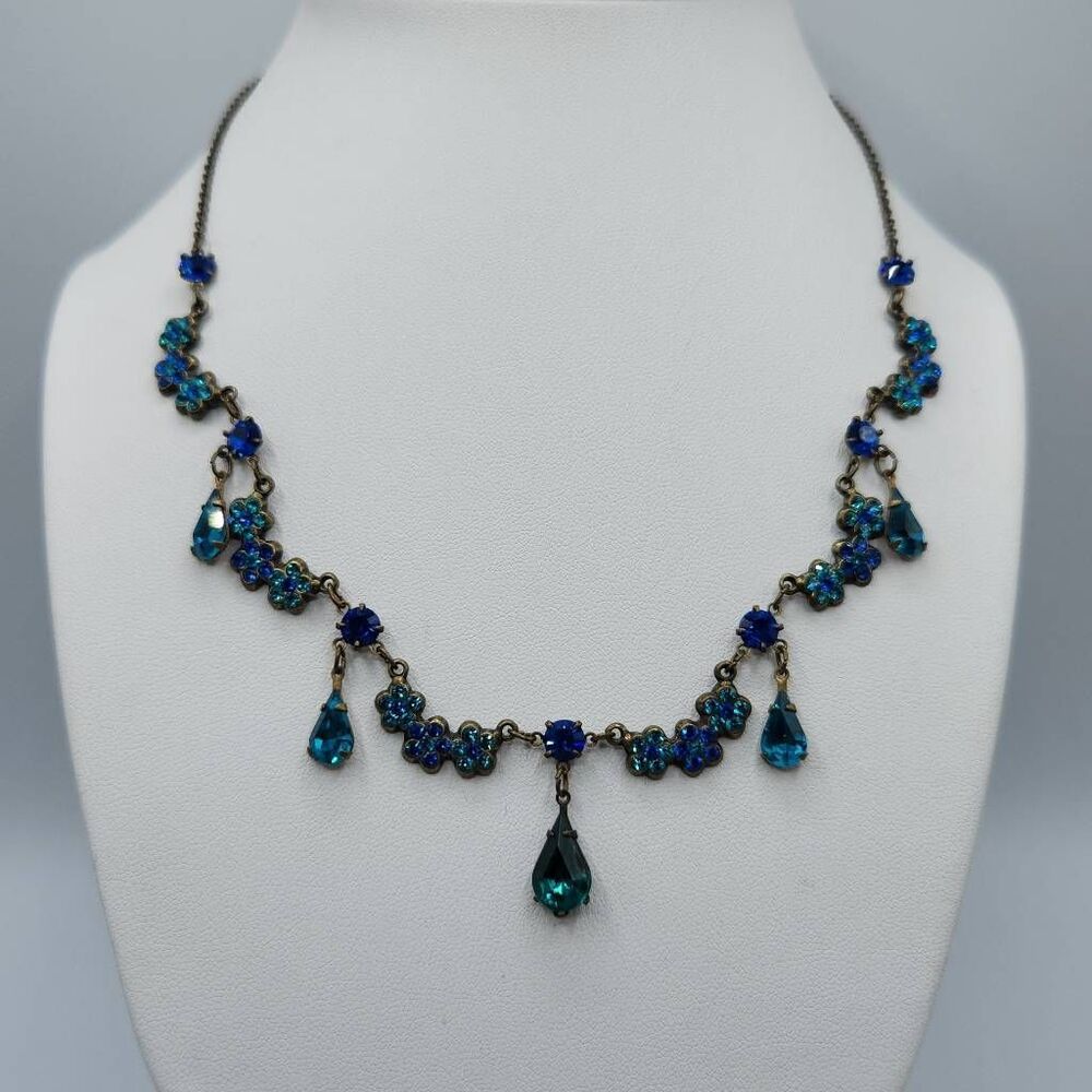 Vintage Signed Michal Negrin Rhinestone Flower Dangle Necklace Aqua Blue OS